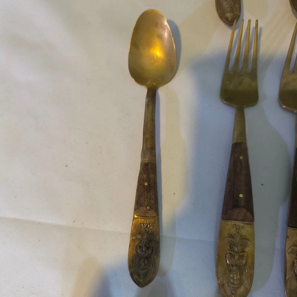 Vintage Siam Bronze Wood Flatware Set 28pc Thai Deity Brass Mid Century Modern‎